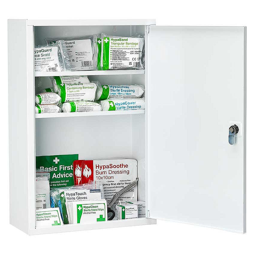 British Standard Compliant Stocked Medium-Sized First Aid Cabinet (BS 8599-1:2019+A1:2026) - 