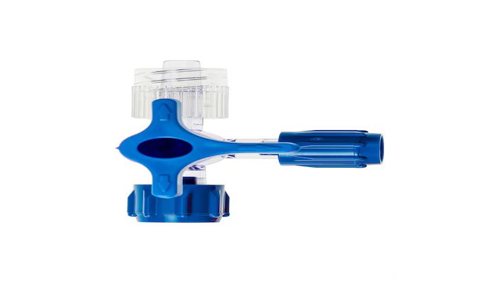 A blue plastic inline valve with a clear plastic filter cap on top and a blue handle, shown against a plain white background.