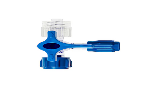 A blue plastic inline valve with a clear plastic filter cap on top and a blue handle, shown against a plain white background.