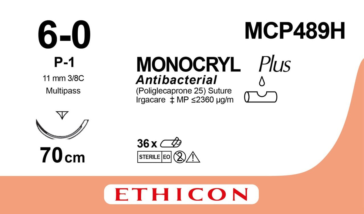 MONOCRYL PLUS suture - Monofilament - Undyed - 6-0 - 70cm - 1 x Reverse Cutting Prime - 11mm - 3/8C - 36 - 