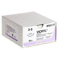 Coated Vicryl Suture 3-0 Undyed 45cm 19mm 3/8 Circle Conventional Cutting PRIME Needle x 24 - Ethicon