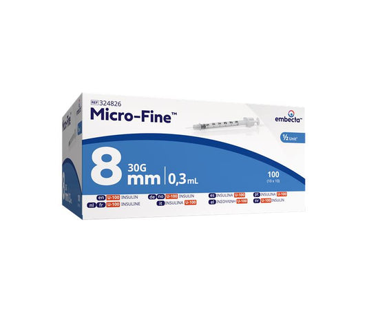Micro-Fine 0.3ml Insulin Syringe & Needle 8mm x 30g x 100