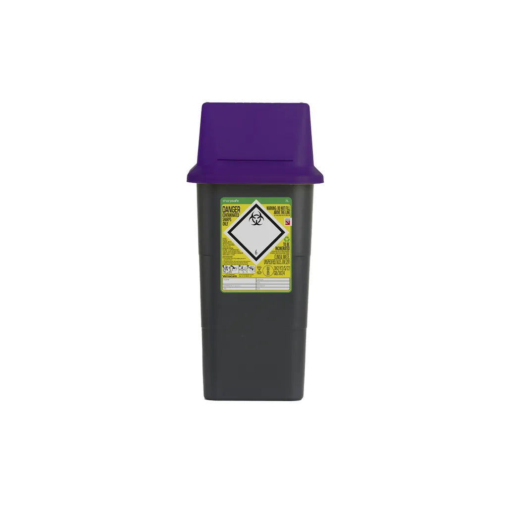 Sharpsafe® Grey Sharps Bin Purple Lid Medisave UK