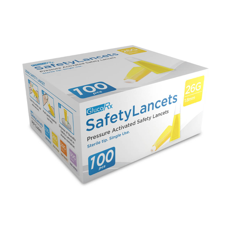 GlucoRx Safety Lancets 26G - Pack of 100 - 