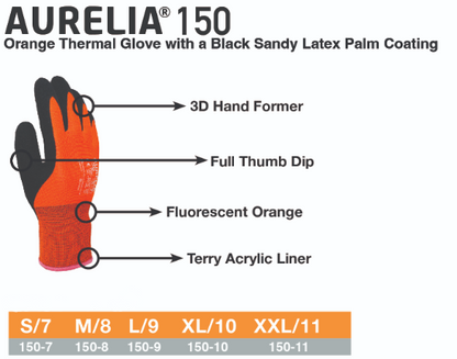 Orange thermal glove with black sandy latex palm coating - 