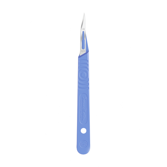 Swann Morton sterile disposable sabre scalpel displayed against white background.