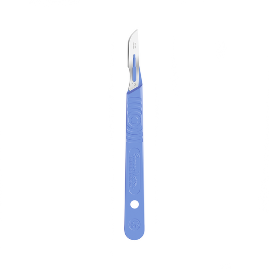 Swann Morton sterile disposable scalpel displayed against white background.