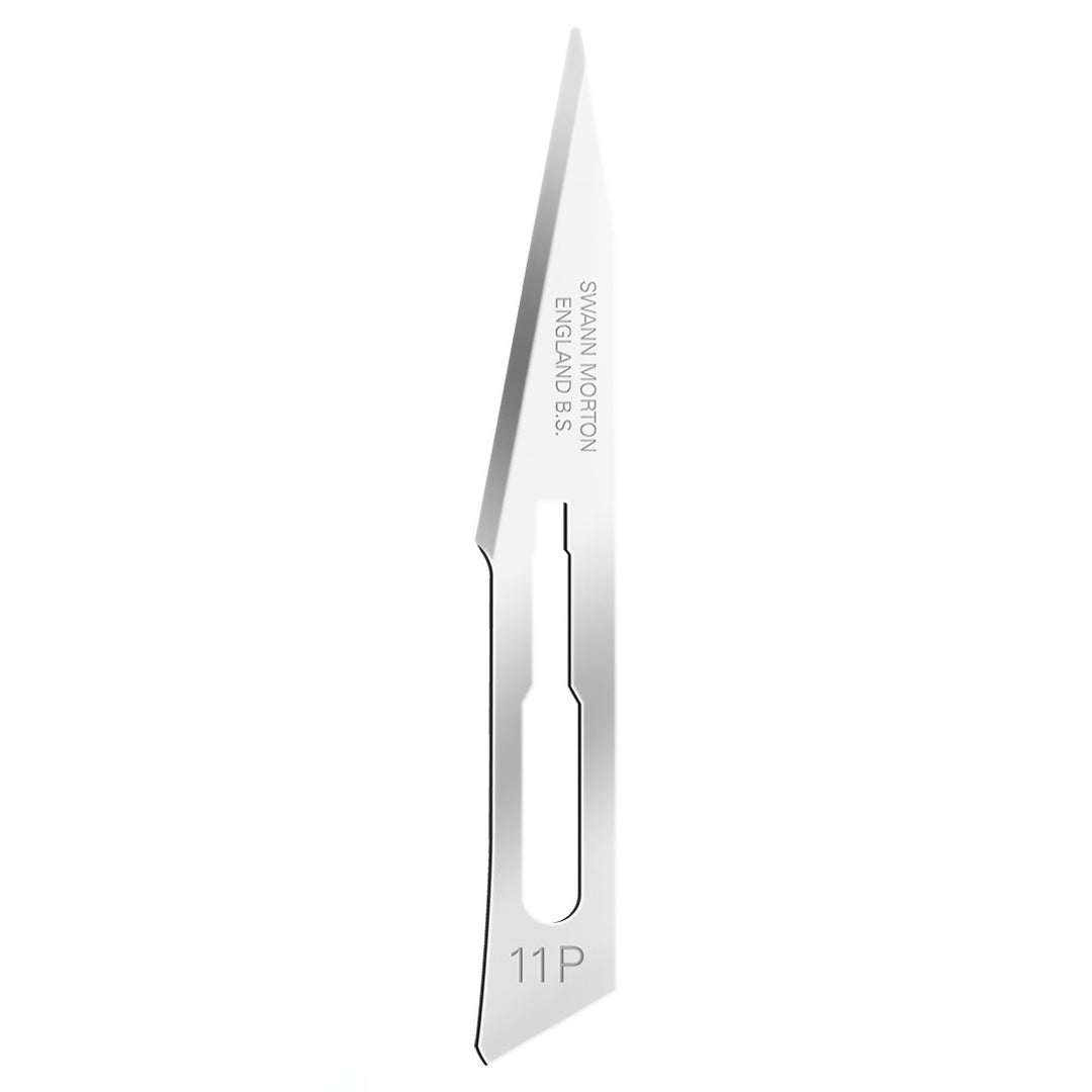 Swann Morton sterile surgical scalpel blade no.11P displayed against white background.