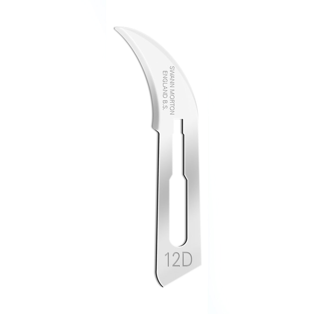 Swann Morton sterile surgical scalpel blade no.12D displayed against white background.
