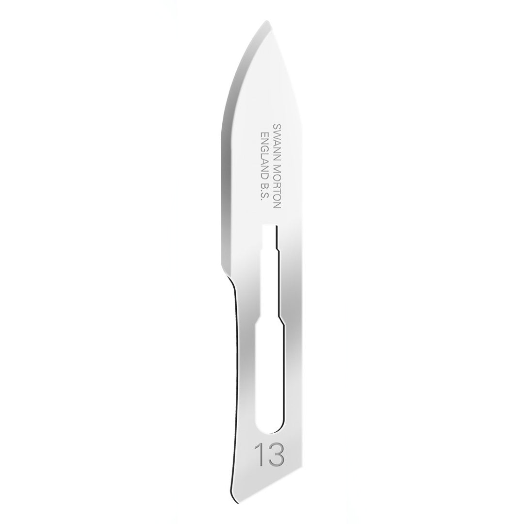 Swann Morton sterile surgical scalpel blade no.E13 displayed against white background.