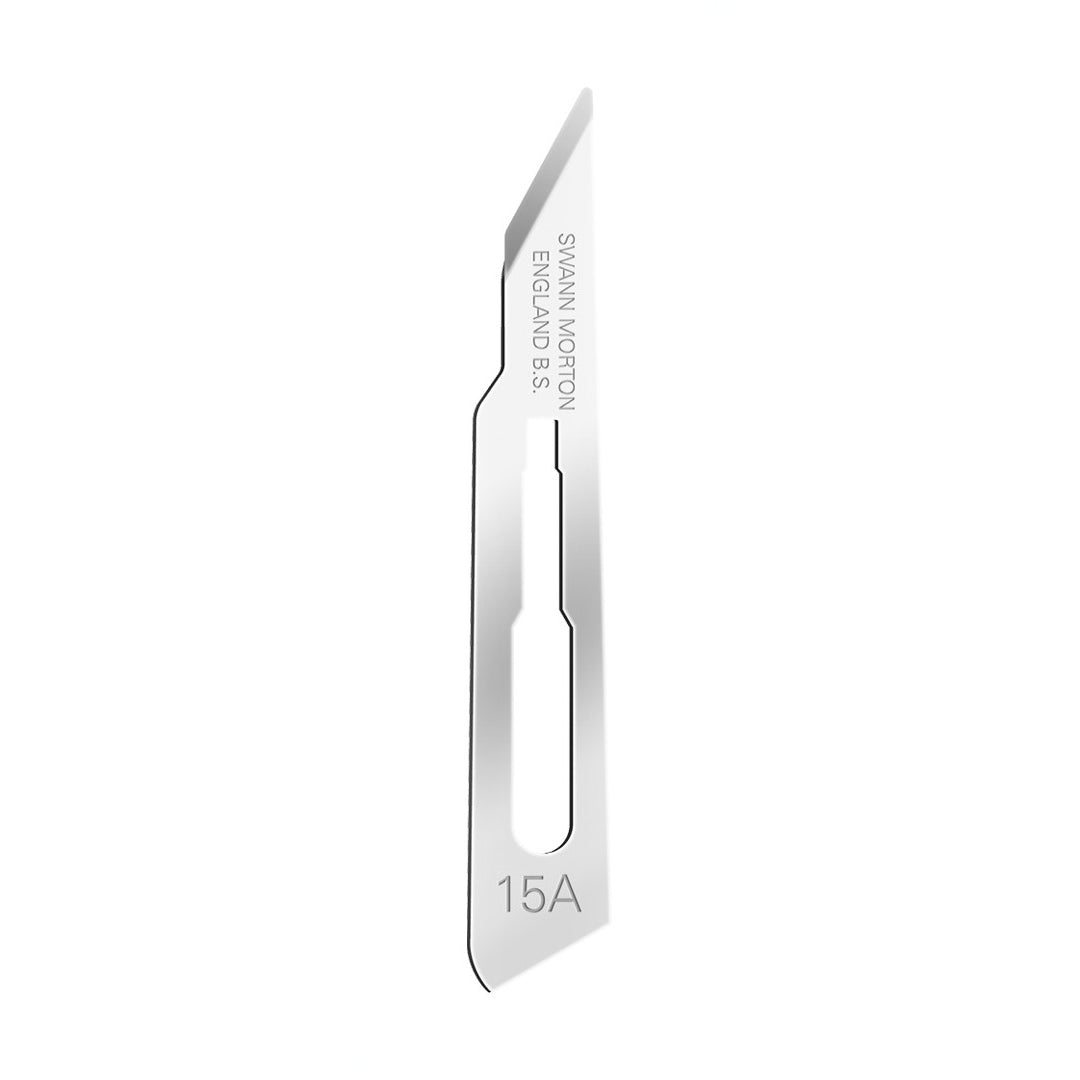 Swann Morton sterile surgical scalpel blade no.15A displayed against white background.
