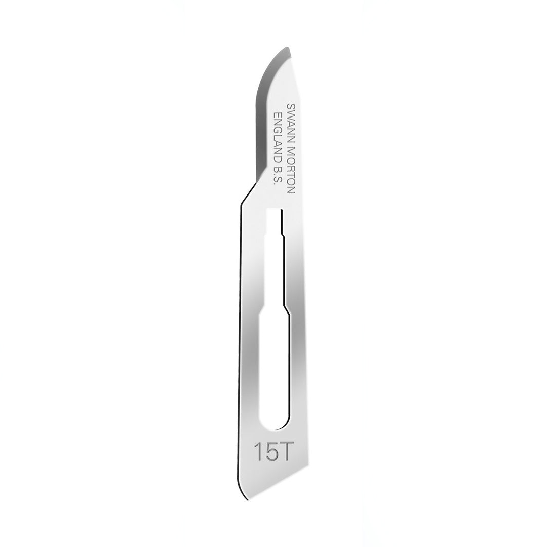 Swann Morton sterile surgical scalpel blade no.15T displayed against white background.