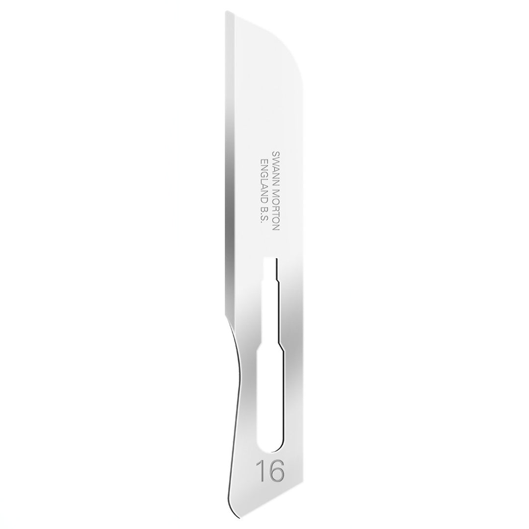 Swann Morton sterile surgical scalpel blade no.E16 displayed against white background.