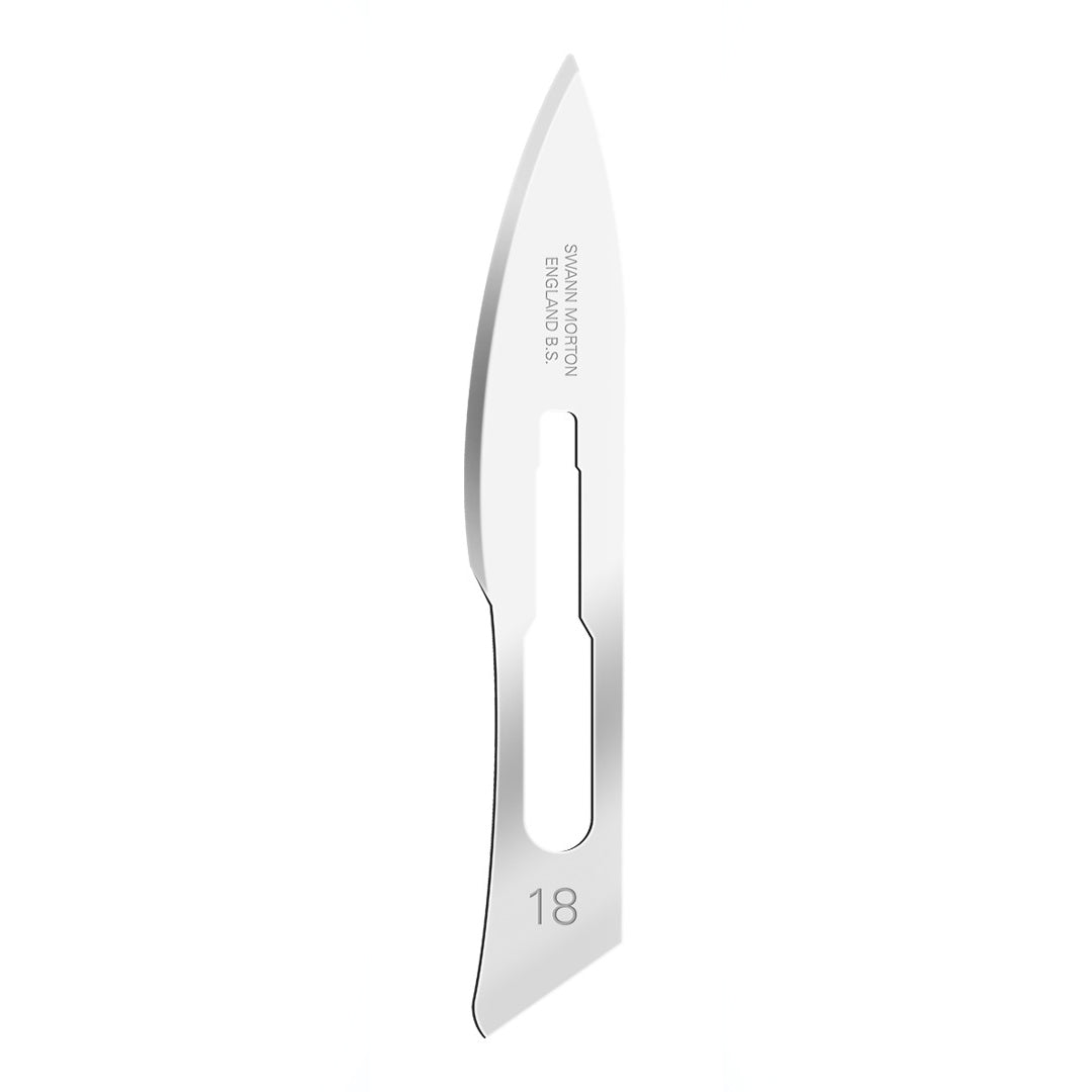 Swann Morton sterile surgical scalpel blade no.18 displayed against white background.