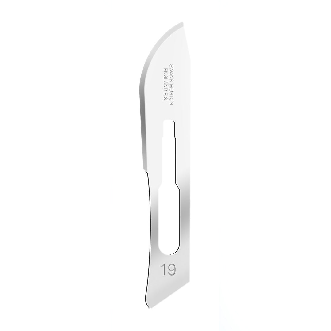 Swann Morton sterile surgical scalpel blade no.19 displayed against white background.