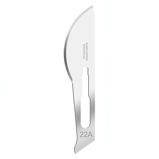 Swann Morton sterile surgical scalpel blade no.22A displayed against white background.