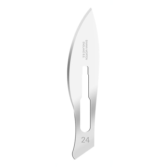 Swann Morton sterile surgical scalpel blade no.24 displayed against white background.