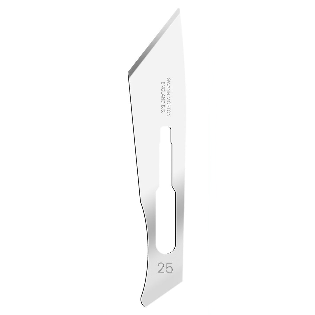 Swann Morton sterile surgical scalpel blade no.25 displayed against white background.
