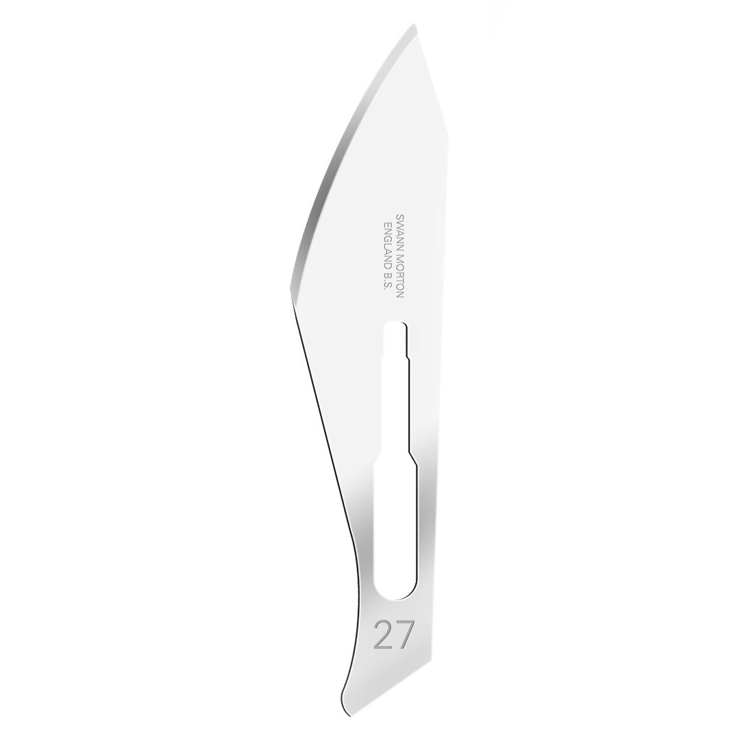 Swann Morton sterile surgical scalpel blade no.27 displayed against white background.