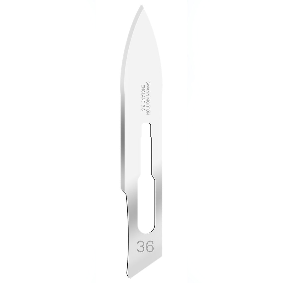 Swann Morton sterile surgical scalpel blade no.36 displayed against white background.