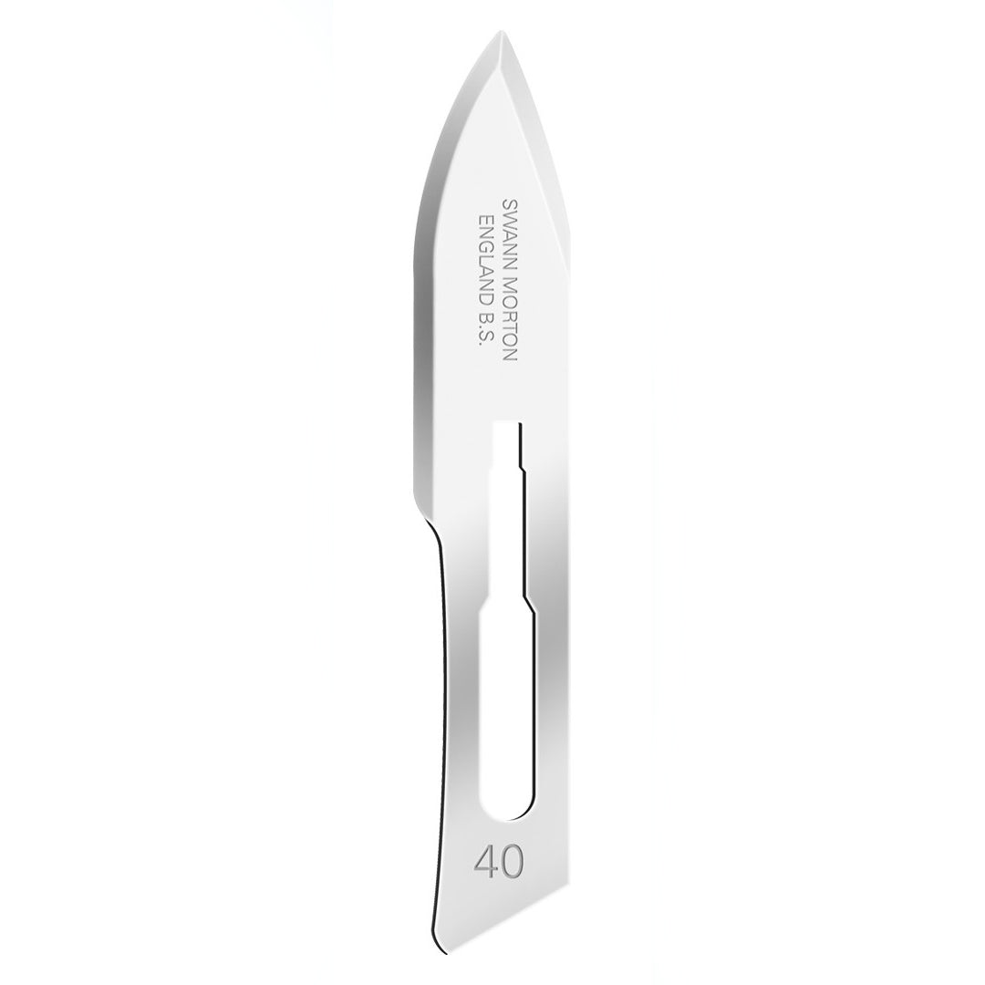 Swann Morton sterile surgical scalpel blade no.40displayed against white background.