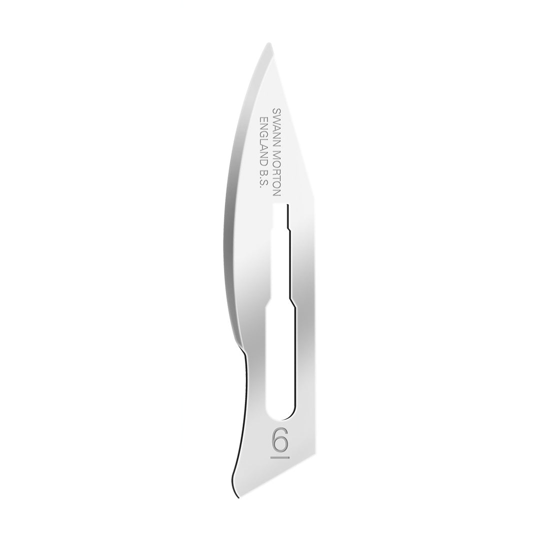 Swann Morton sterile surgical scalpel blade no.6 displayed against white background.