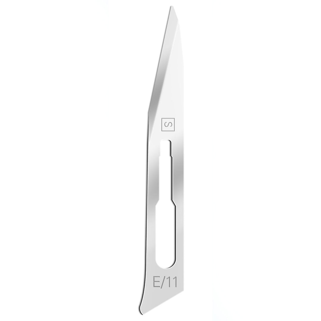 Swann Morton sterile surgical scalpel blade no.E/11 displayed against white background.