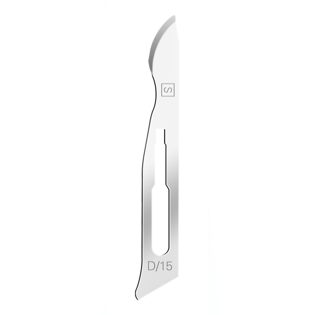 Swann Morton sterile surgical scalpel sabre blade no.D/15 displayed against white background.