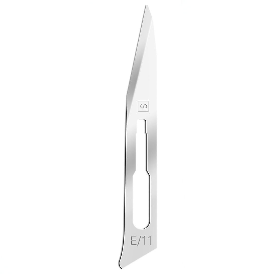 Swann Morton sterile surgical scalpel sabre blade no.E/11 displayed against white background.