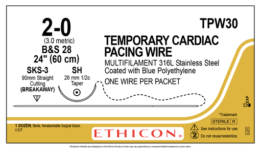 2-0 Temporary Pacing Suture Wire, Dark Blue, 1 x 24", SH, SKS-3 Double Armed  - Box of 12 - 