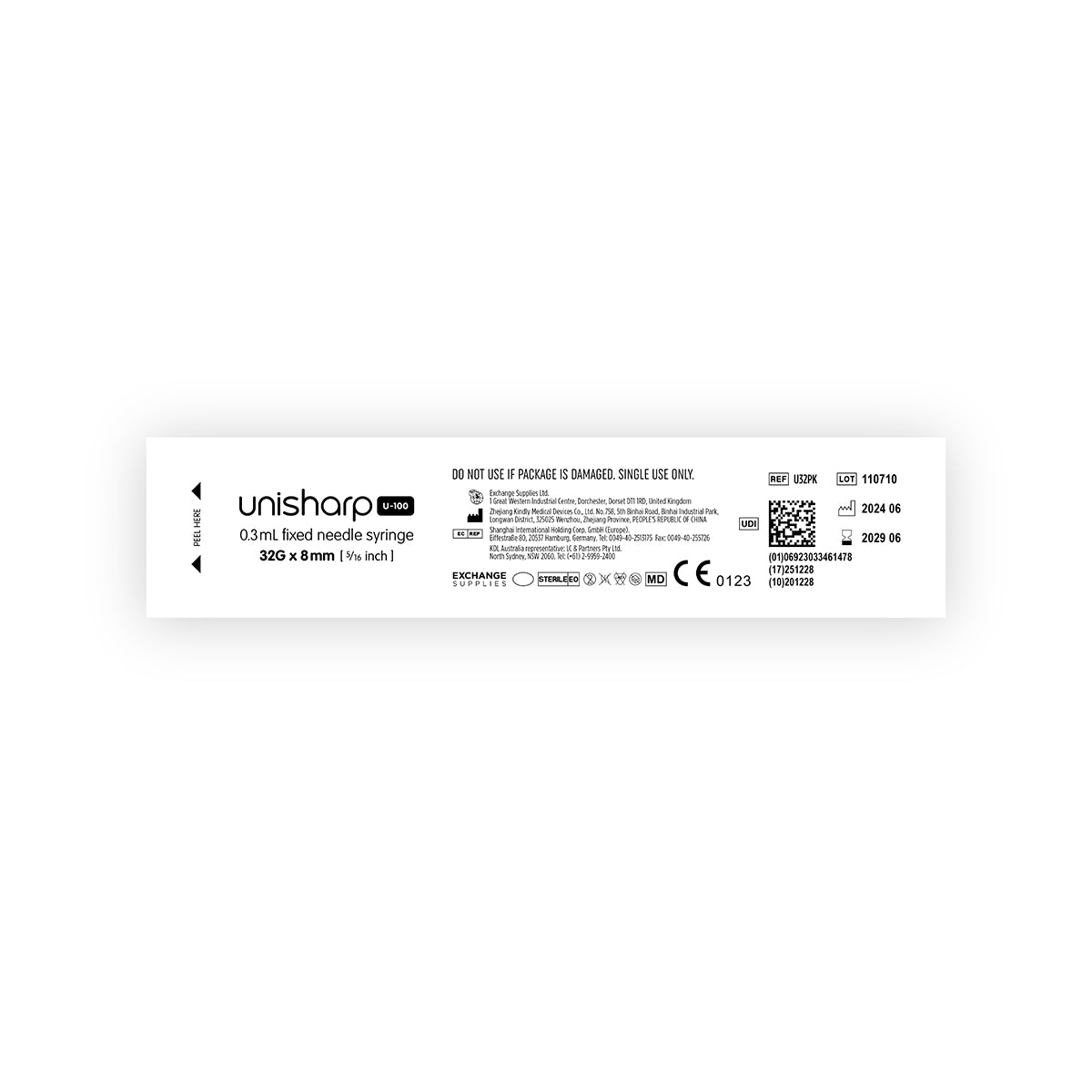 Unisharp 32G 0.3mL Fixed 8mm Needle Syringe - Box of 100 - 