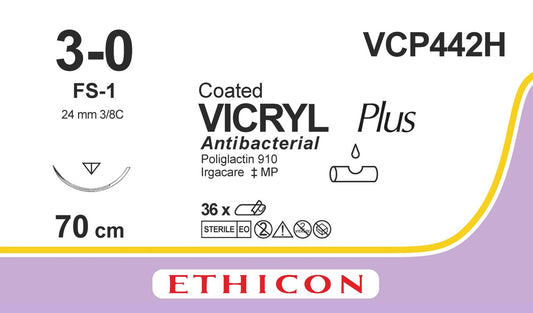 VICRYL Suture PLUS - Braided - Undyed - 3-0 - 70cm - 1 x Reverse cutting - 24mm - 3/8C - 36 - Ethicon