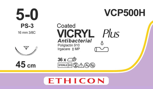 VICRYL PLUS, braided, undyed, 5-0, 45cm, R/Cutting Prime, 16mm, 3/8C - Box of 36 - 