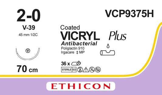 Coated Vicryl Plus Antibacterial Suture, Violet, 2-0, 70cm, 1xV-39 - Box of 36