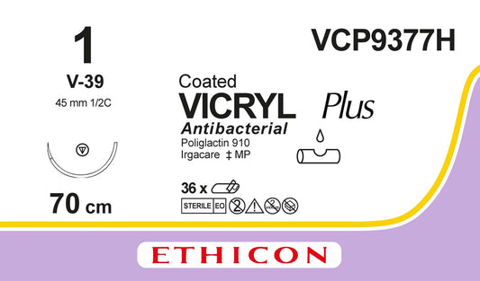 VICRYL Suture PLUS - Braided - Violet - 1 - 70cm - 1 x Tapercut - 45mm - 1/2C - 36 - Ethicon