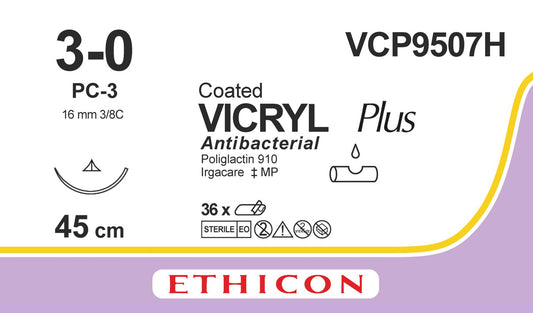 VICRYL Suture PLUS - Braided - Undyed - 3-0 - 45cm - 1 x Conventional Cutting PC - 16mm - 3/8C - 36 - Ethicon