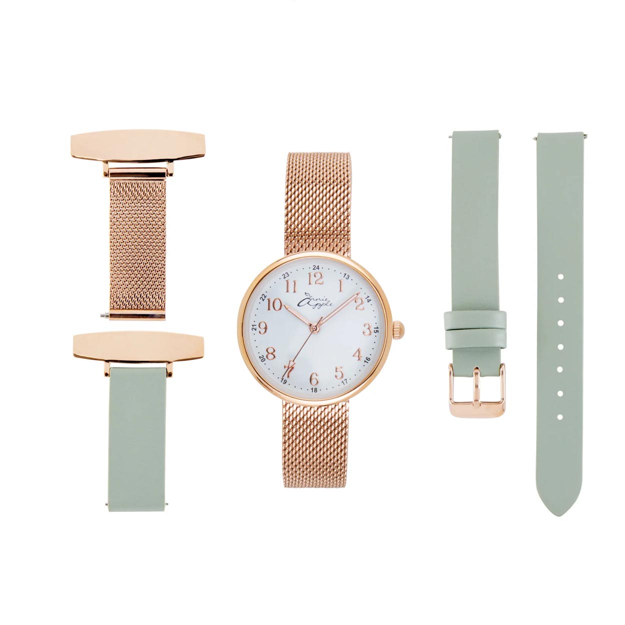 Annie Apple Nurses Fob Watch - Venus - Rose Gold Mesh - Sage Leather - 35mm - Annie Apple