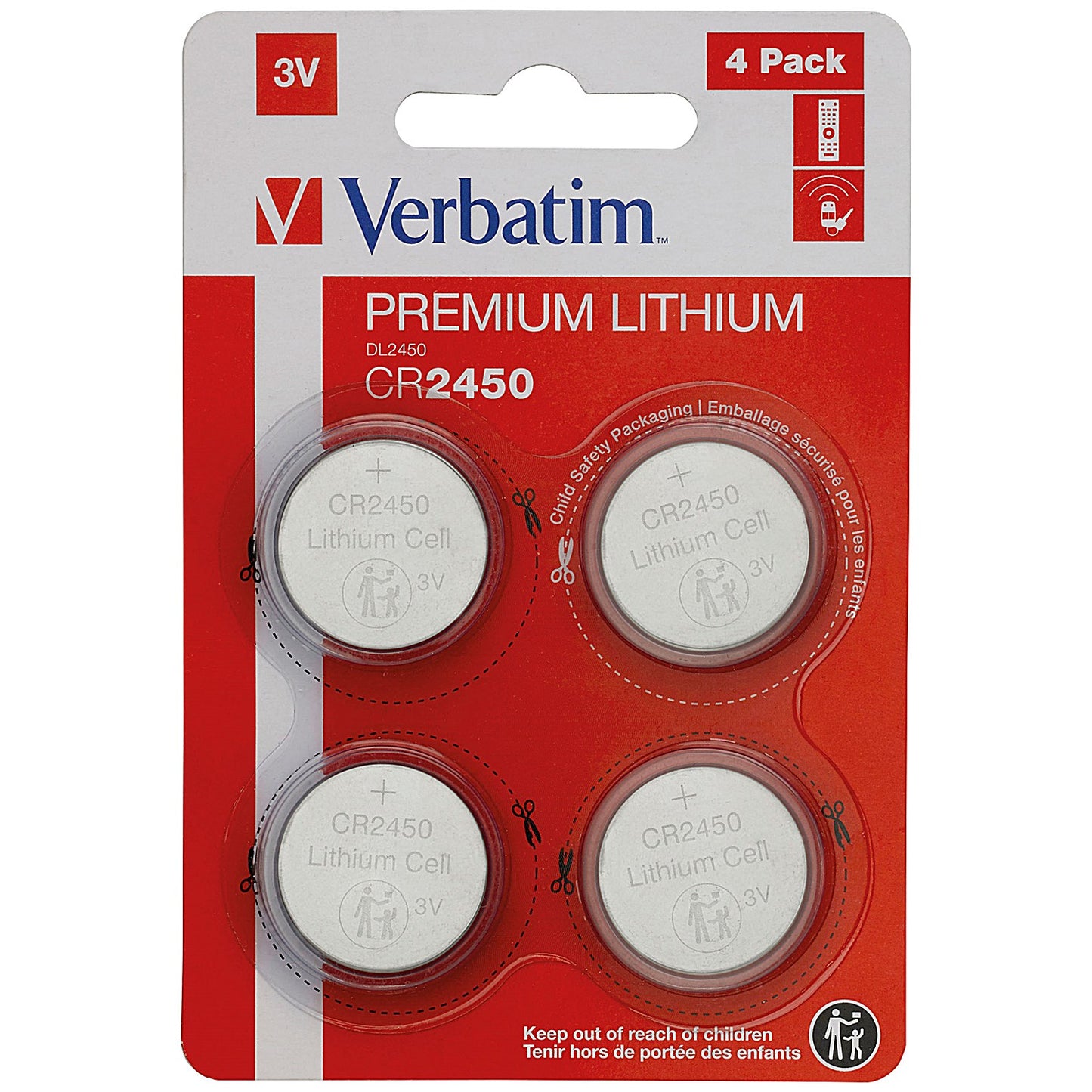 Verbatim CR2450 Premium Lithium Batteries - Pack of 4 - 