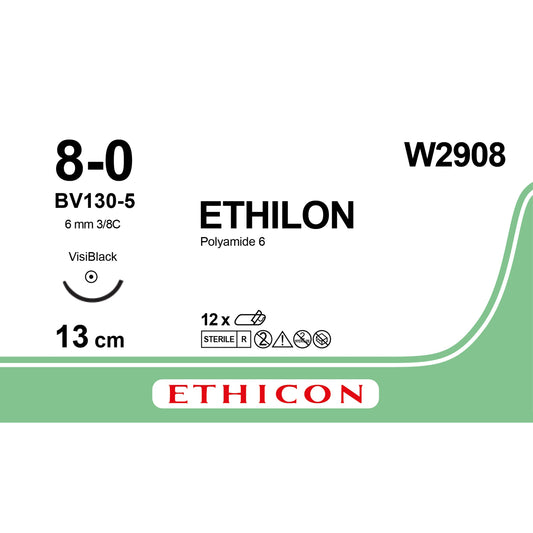 Ethilon Black Monofilament Suture 13cm 8-0 - Box of 12 - 