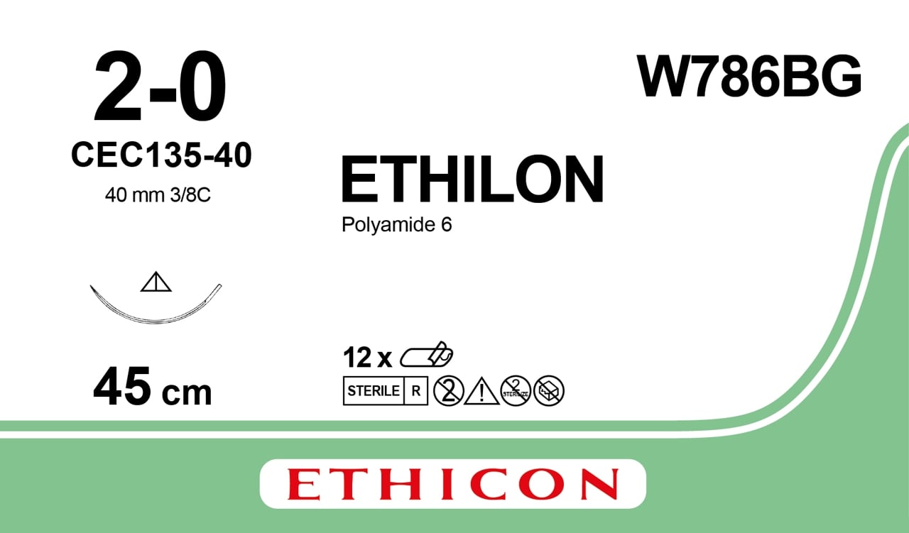ETHILON, Monofilament, 45cm, 2-0, Black, 40mm, 3/8C, Conventional Cutting, Box of 12 - 