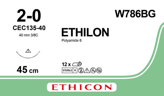 ETHILON, Monofilament, 45cm, 2-0, Black, 40mm, 3/8C, Conventional Cutting, Box of 12 - 