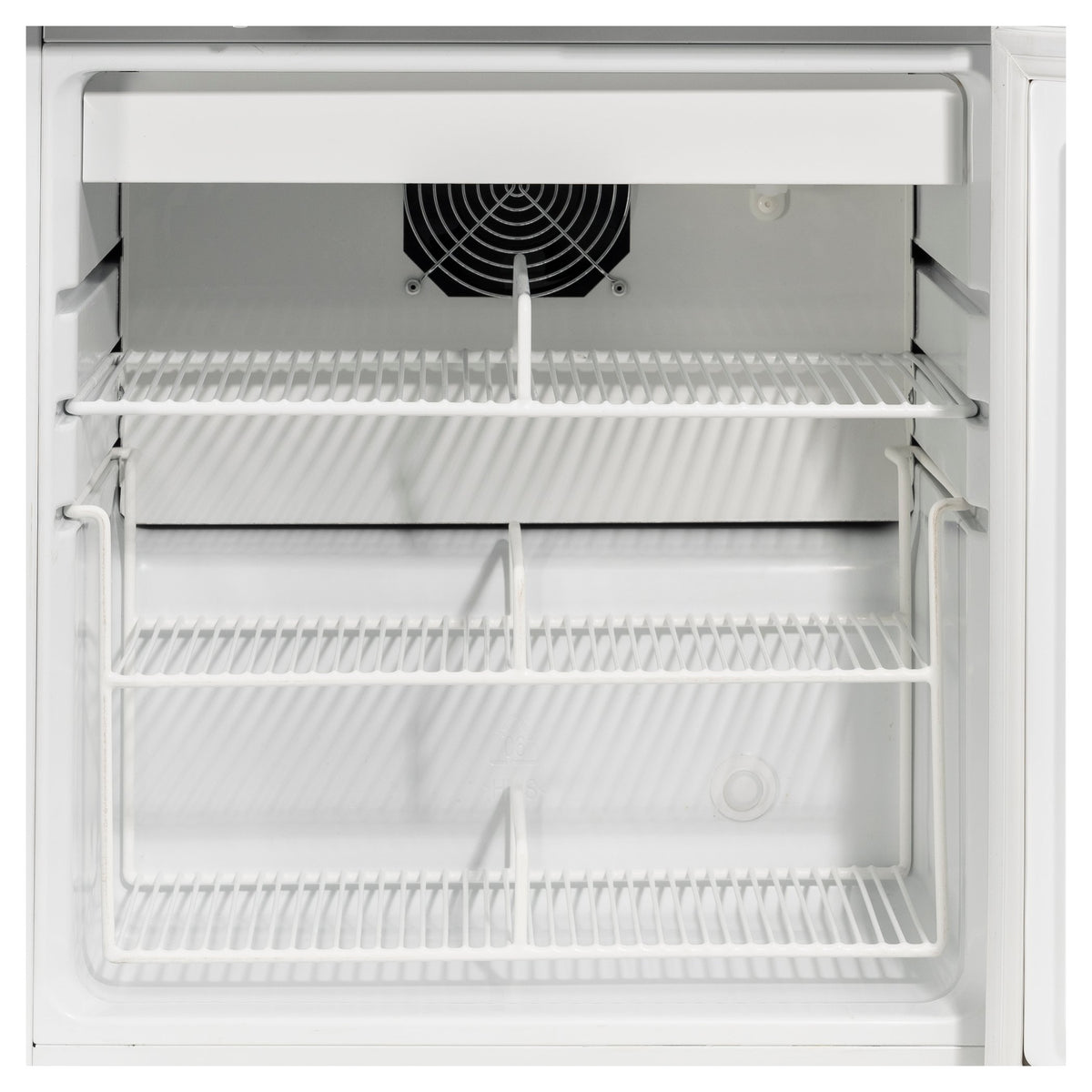The interior of a white refrigerator showing the open door cavity, wire shelves, a black cooling fan at the top, and the inner lining.