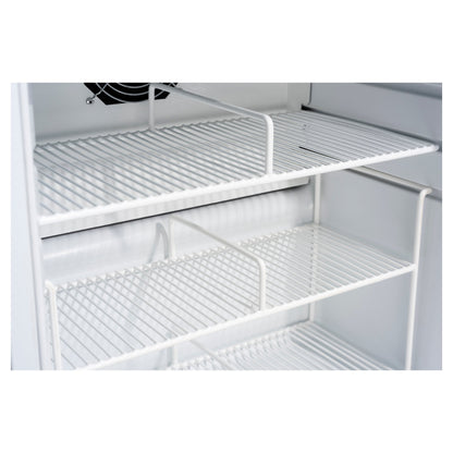 White wire shelving inside a refrigerator compartment, with multiple horizontal racks and a black fan visible at the top.