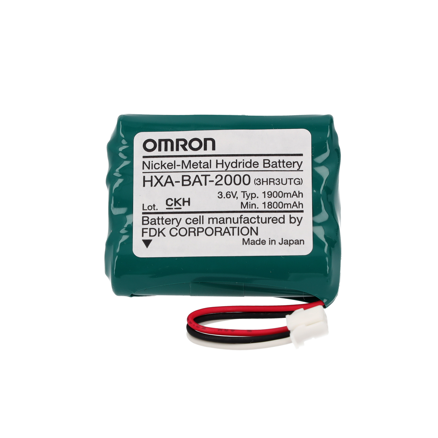 An Omron HXA-BAT-2000 nickel-metal hydride battery with a dark green casing, a white label, and attached red and black wires with a white connector, shown on a plain white background.