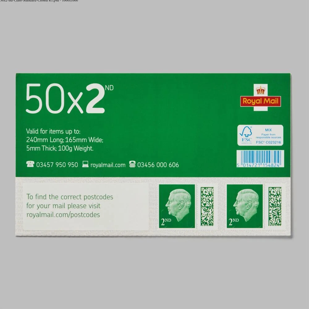 2nd Class Post Stamps - Book of 50 - Royal Mail