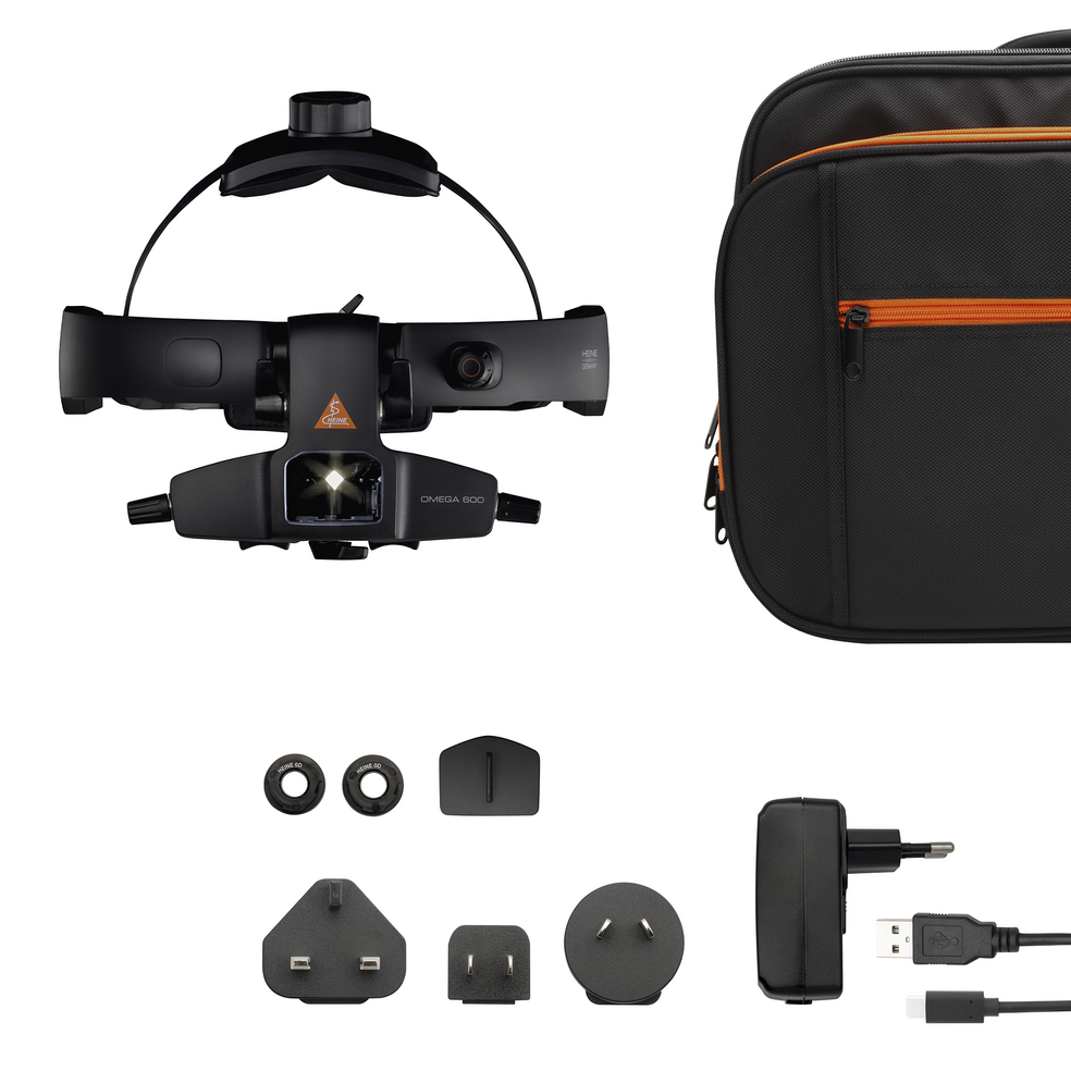 HEINE OMEGA 600 Traveller Set Indirect Ophthalmoscope With Battery & +2D Eyepiece & Bag - 