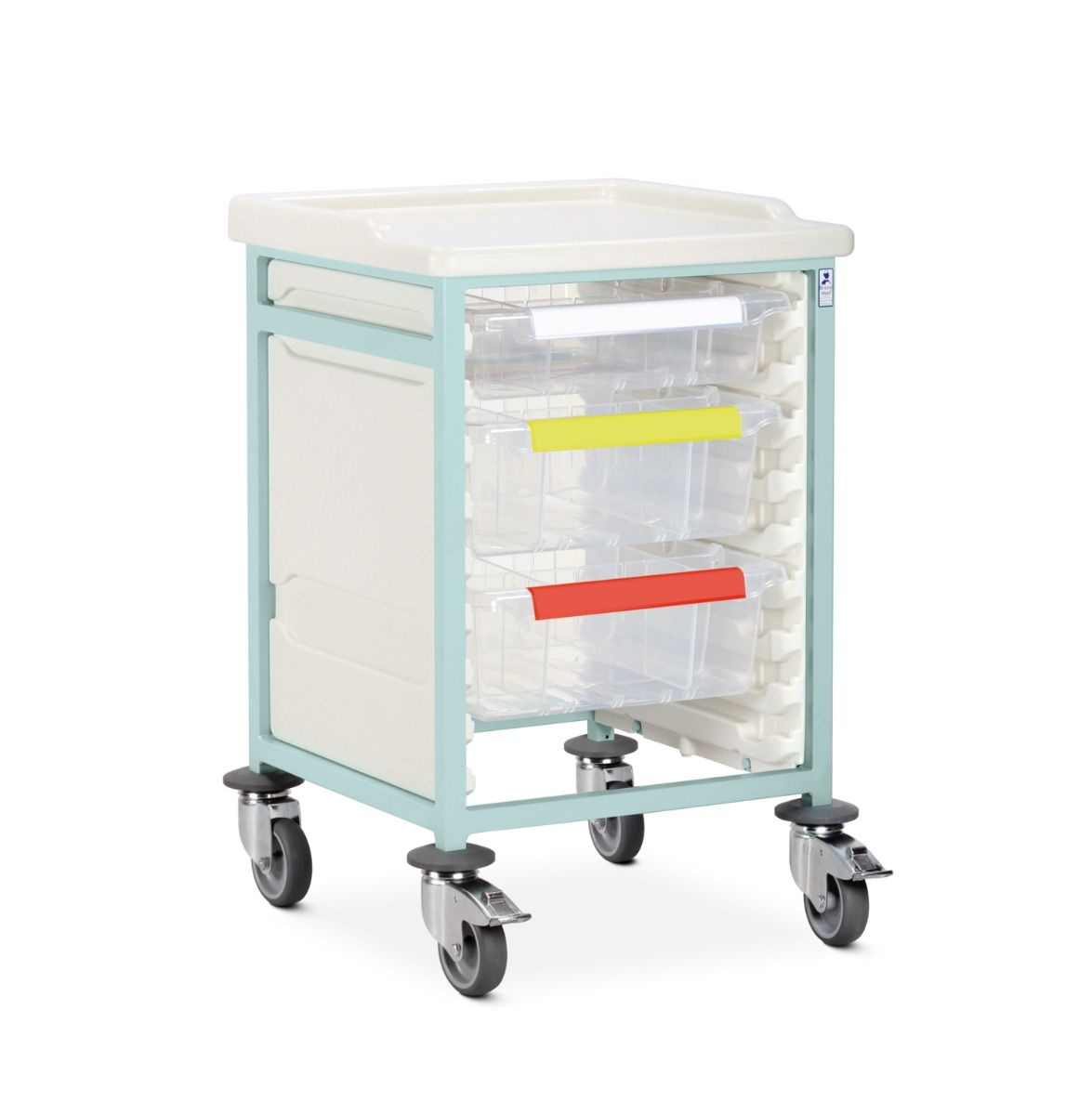 Caretray Trolley - Mild Steel, Low Level, Single Column - 1x Shallow Trays, 2x Deep Trays - 