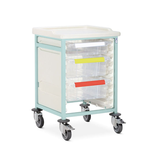 Caretray Trolley - Mild Steel, Low Level, Single Column - 1x Shallow Trays, 2x Deep Trays - 