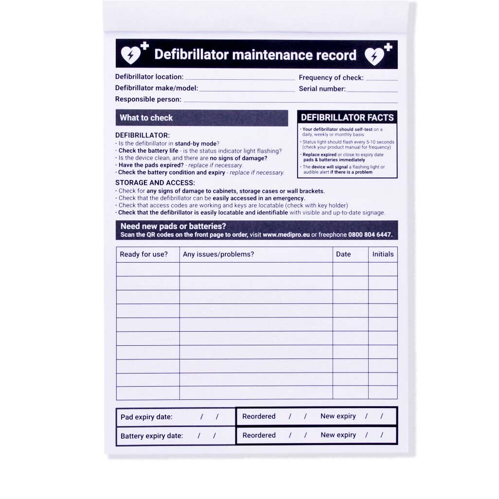Defibrillator Maintenance Booklet Medisave UK