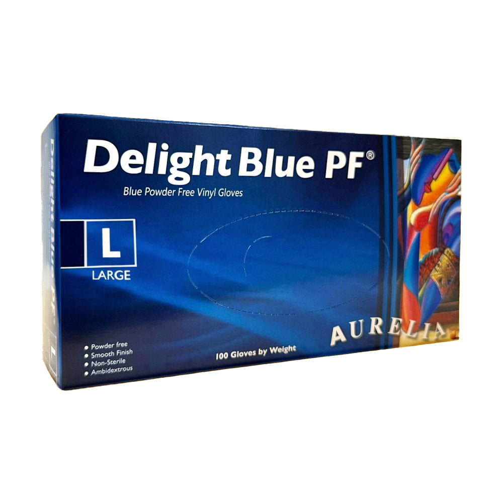 Aurelia Delight Blue PF - Vinyl - Powder Free - Examination Gloves - Large - Box of 100 - 